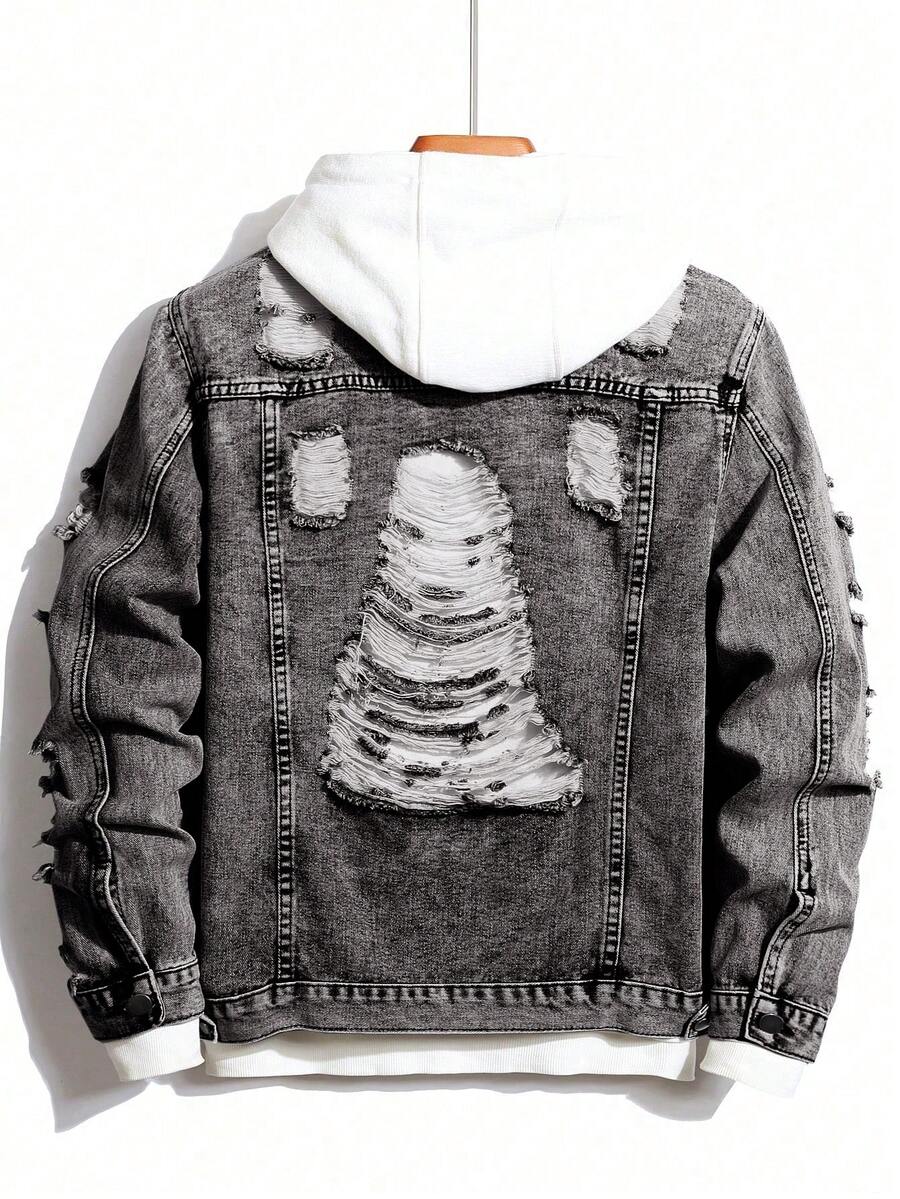 Manfinity Homme Men Casual Long Sleeve Distressed Single-Breasted Denim Jacket, Fall