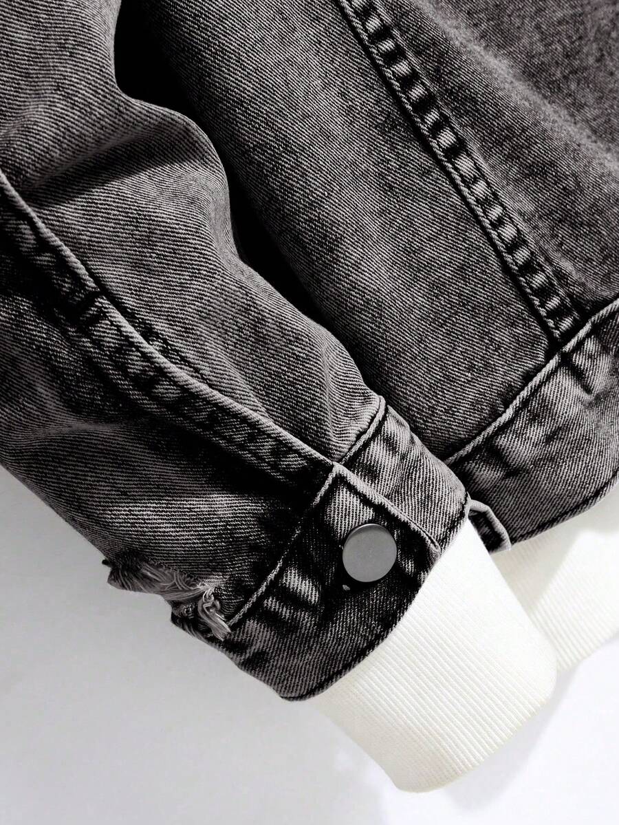 Manfinity Homme Men Casual Long Sleeve Distressed Single-Breasted Denim Jacket, Fall