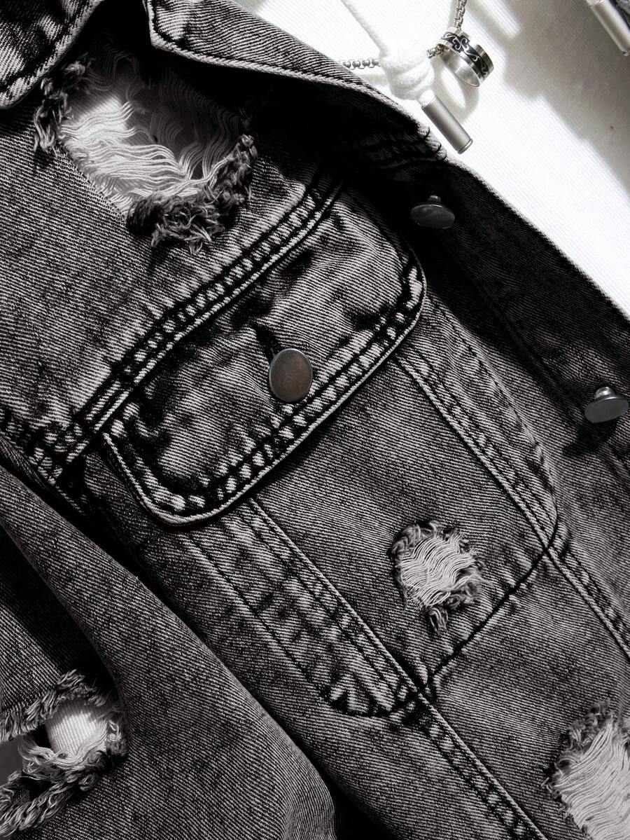 Manfinity Homme Men Long Sleeve Distressed Single Breasted Casual Denim Jacket, Fall