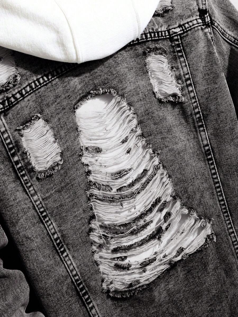 Manfinity Homme Men Long Sleeve Distressed Single Breasted Casual Denim Jacket, Fall