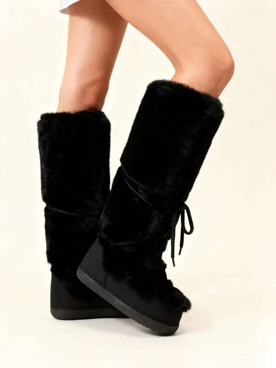 Women's Faux Fur Knee High Boots Fuzzy Fluffy Furry Snow Boots Round Toe With Lace-Up Design Cute Warm Suitable For Christmas Halloween And Winter