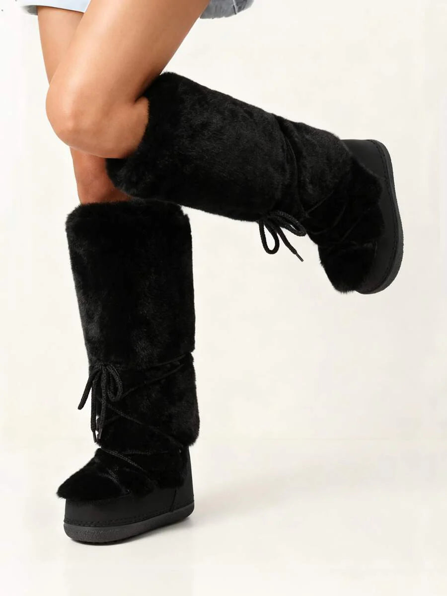 Women's Faux Fur Knee High Boots Fuzzy Fluffy Furry Snow Boots Round Toe With Lace-Up Design Cute Warm Suitable For Christmas Halloween And Winter