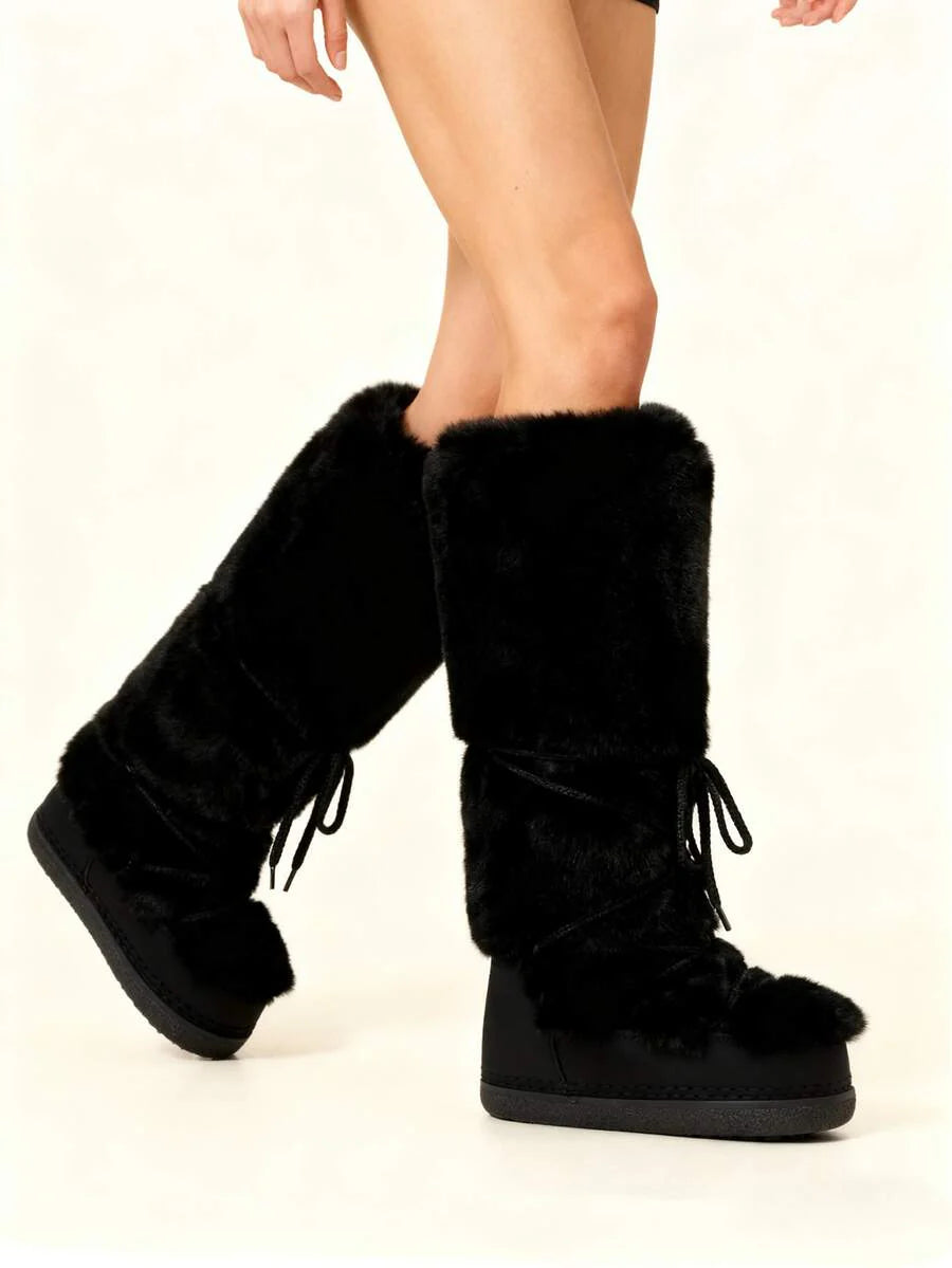 Women's Faux Fur Knee High Boots Fuzzy Fluffy Furry Snow Boots Round Toe With Lace-Up Design Cute Warm Suitable For Christmas Halloween And Winter