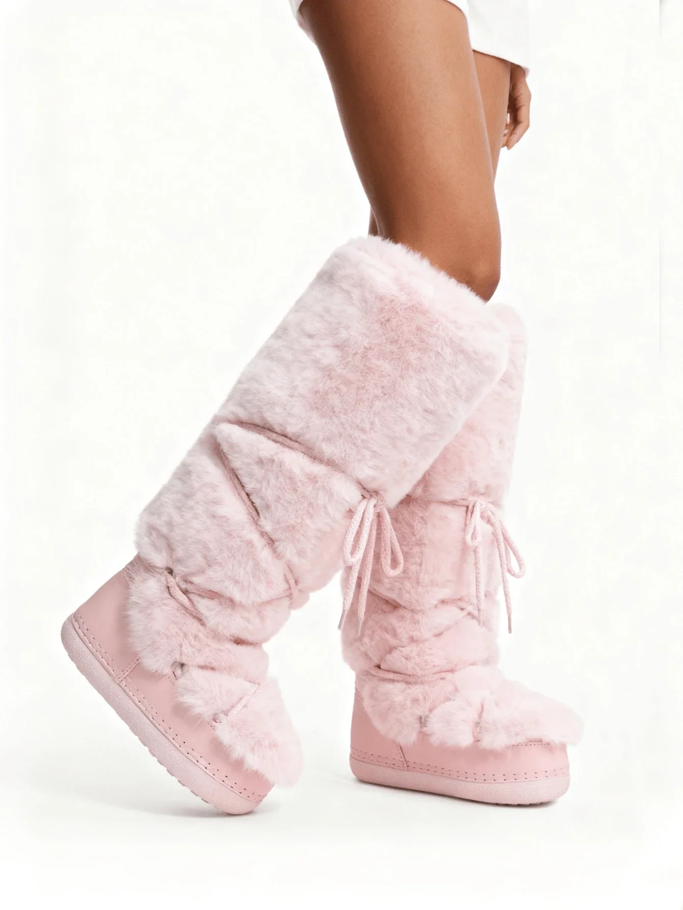 Women's Faux Fur Knee High Boots Fuzzy Fluffy Furry Snow Boots Round Toe With Lace-Up Design Cute Warm Suitable For Christmas Halloween And Winter