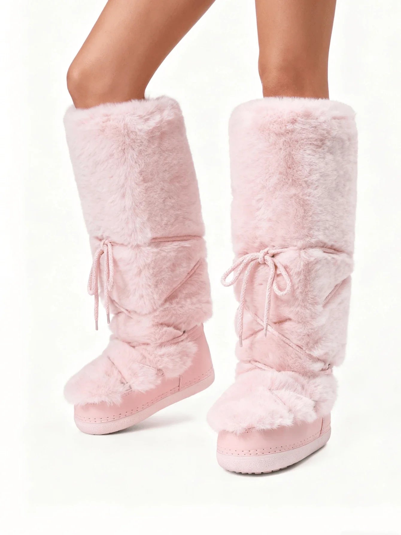 Women's Faux Fur Knee High Boots Fuzzy Fluffy Furry Snow Boots Round Toe With Lace-Up Design Cute Warm Suitable For Christmas Halloween And Winter