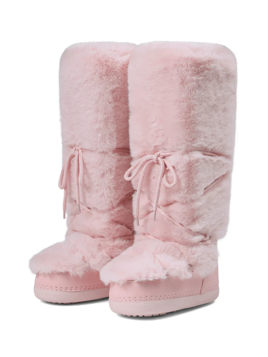 Women's Faux Fur Knee High Boots Fuzzy Fluffy Furry Snow Boots Round Toe With Lace-Up Design Cute Warm Suitable For Christmas Halloween And Winter