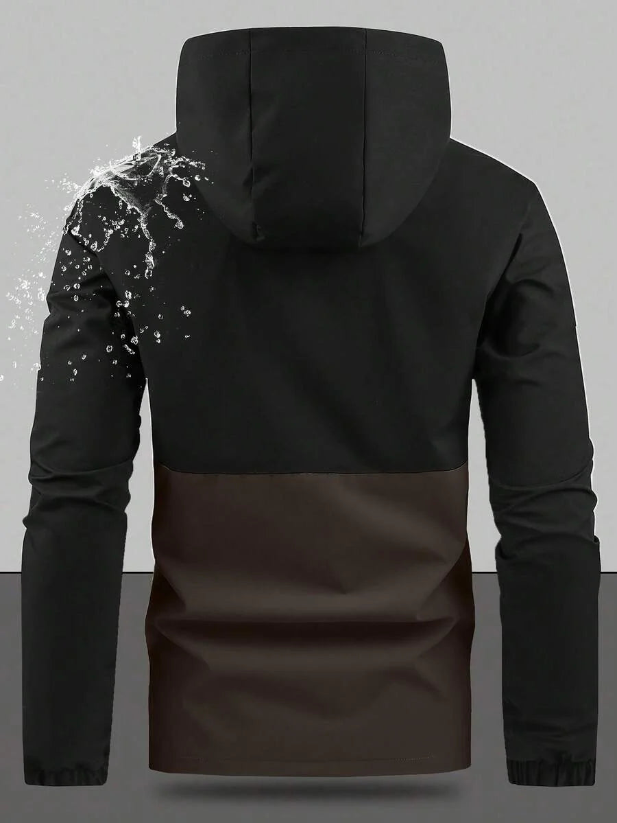 Men's Drawstring Hooded Waterproof Casual Versatile Zip Pocket Windbreaker Jacket, Suitable For Daily Wear