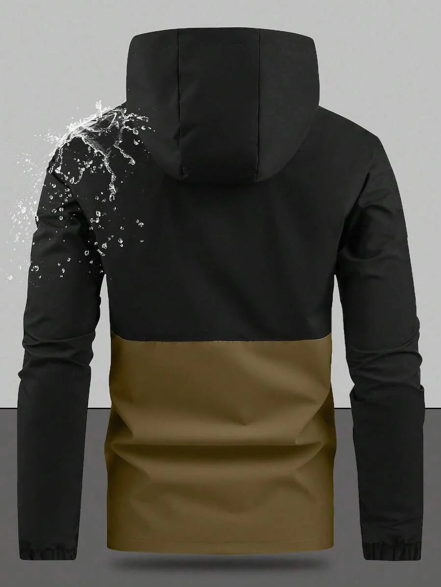 Men's Drawstring Hooded Waterproof Casual Versatile Zip Pocket Windbreaker Jacket, Suitable For Daily Wear