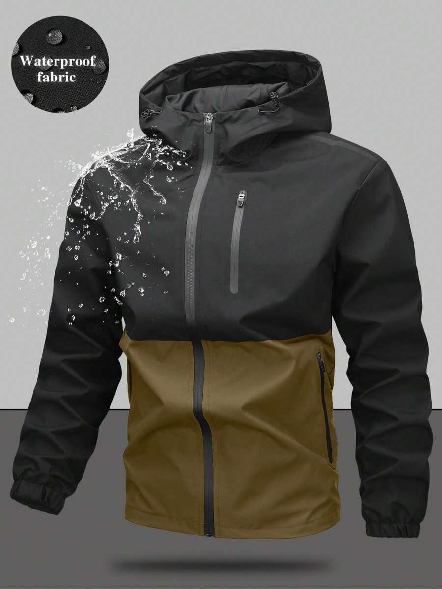 Men's Drawstring Hooded Waterproof Casual Versatile Zip Pocket Windbreaker Jacket, Suitable For Daily Wear