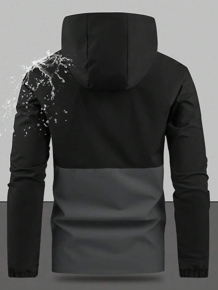 Men's Drawstring Hooded Waterproof Casual Versatile Zip Pocket Windbreaker Jacket, Suitable For Daily Wear