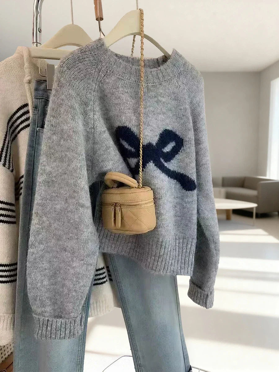 Bow Knit Pullover Sweater, Ribbed Crew Neck Cute Sweater For Women, Autumn