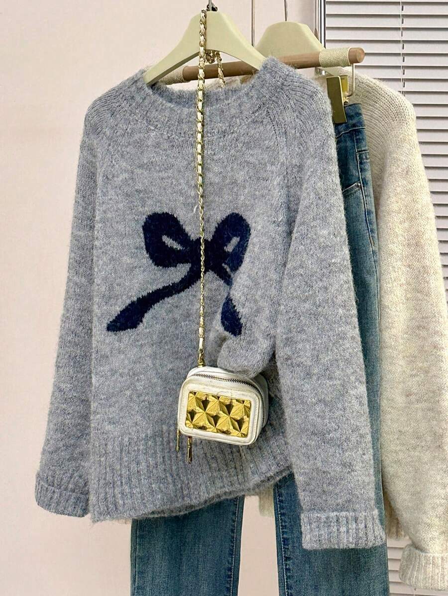 Bow Knit Pullover Sweater, Ribbed Crew Neck Cute Sweater For Women, Autumn
