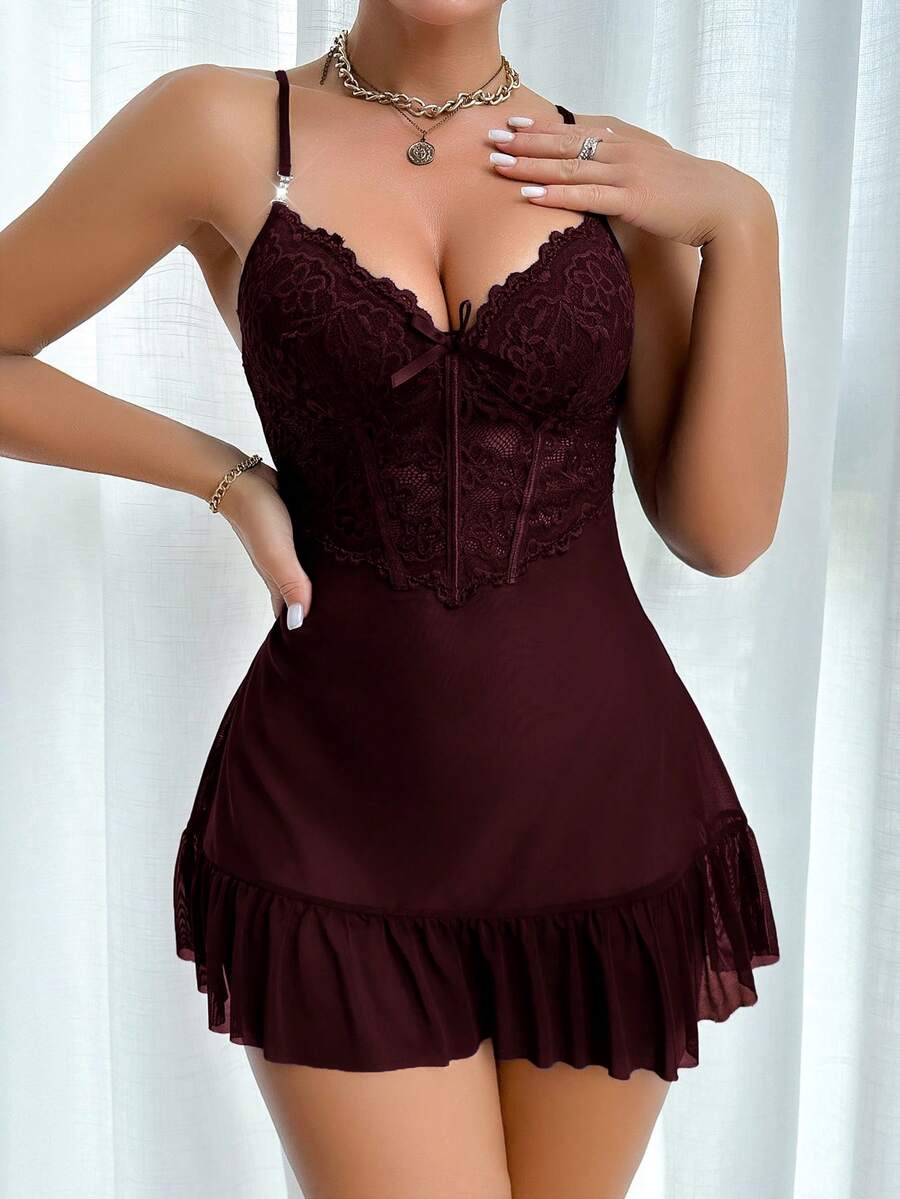 Slumberist 2pcs Set: Fishbone Style Cinch Waist Lace Cami Nightgown