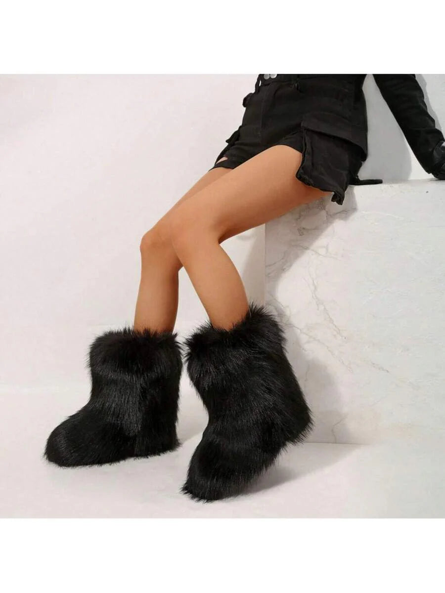 2025 Autumn And Winter Retro Faux Fur Mid-Calf Boots