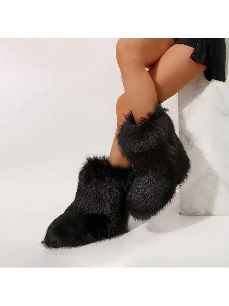 2025 Autumn And Winter Retro Faux Fur Mid-Calf Boots