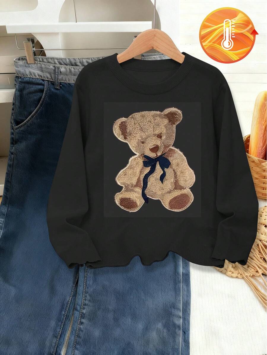 1pc Girls Casual Vintage Leopard Print Bow Graphic Long Sleeve Sweater, Suitable For Autumn/Winter Everyday Indoor