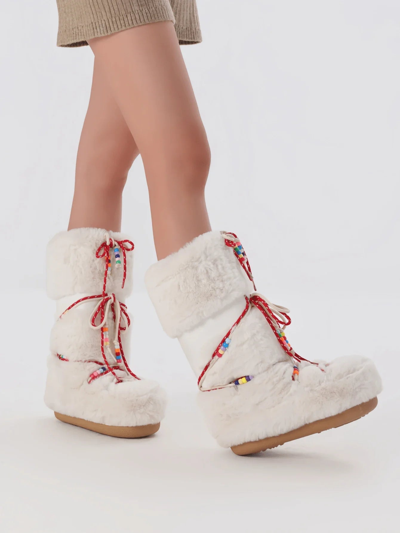 Women's Faux Fur Knee High Boots Fuzzy Fluffy Furry Snow Boots Round Toe With Lace-Up Design Cute Warm Suitable For Christmas Halloween And Winter