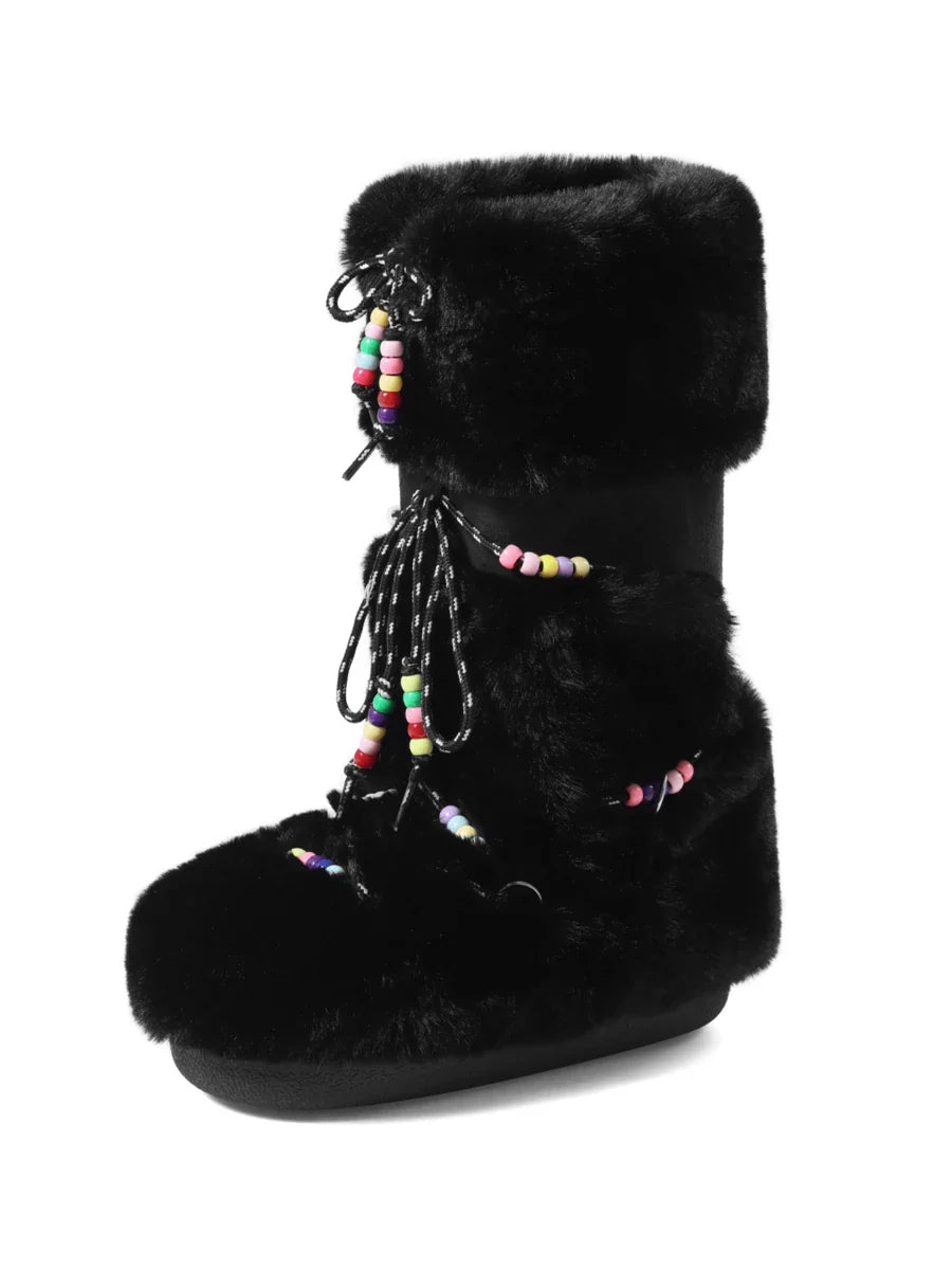 Women's Faux Fur Knee High Boots Fuzzy Fluffy Furry Snow Boots Round Toe With Lace-Up Design Cute Warm Suitable For Christmas Halloween And Winter