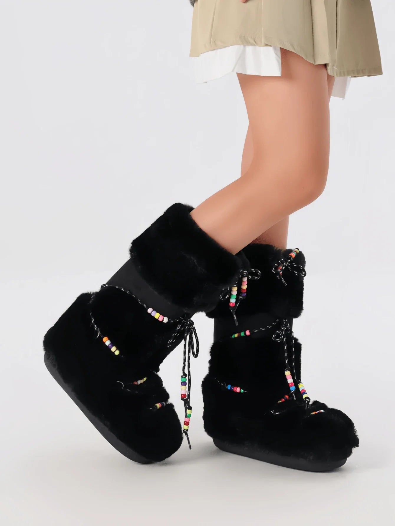 Women's Faux Fur Knee High Boots Fuzzy Fluffy Furry Snow Boots Round Toe With Lace-Up Design Cute Warm Suitable For Christmas Halloween And Winter