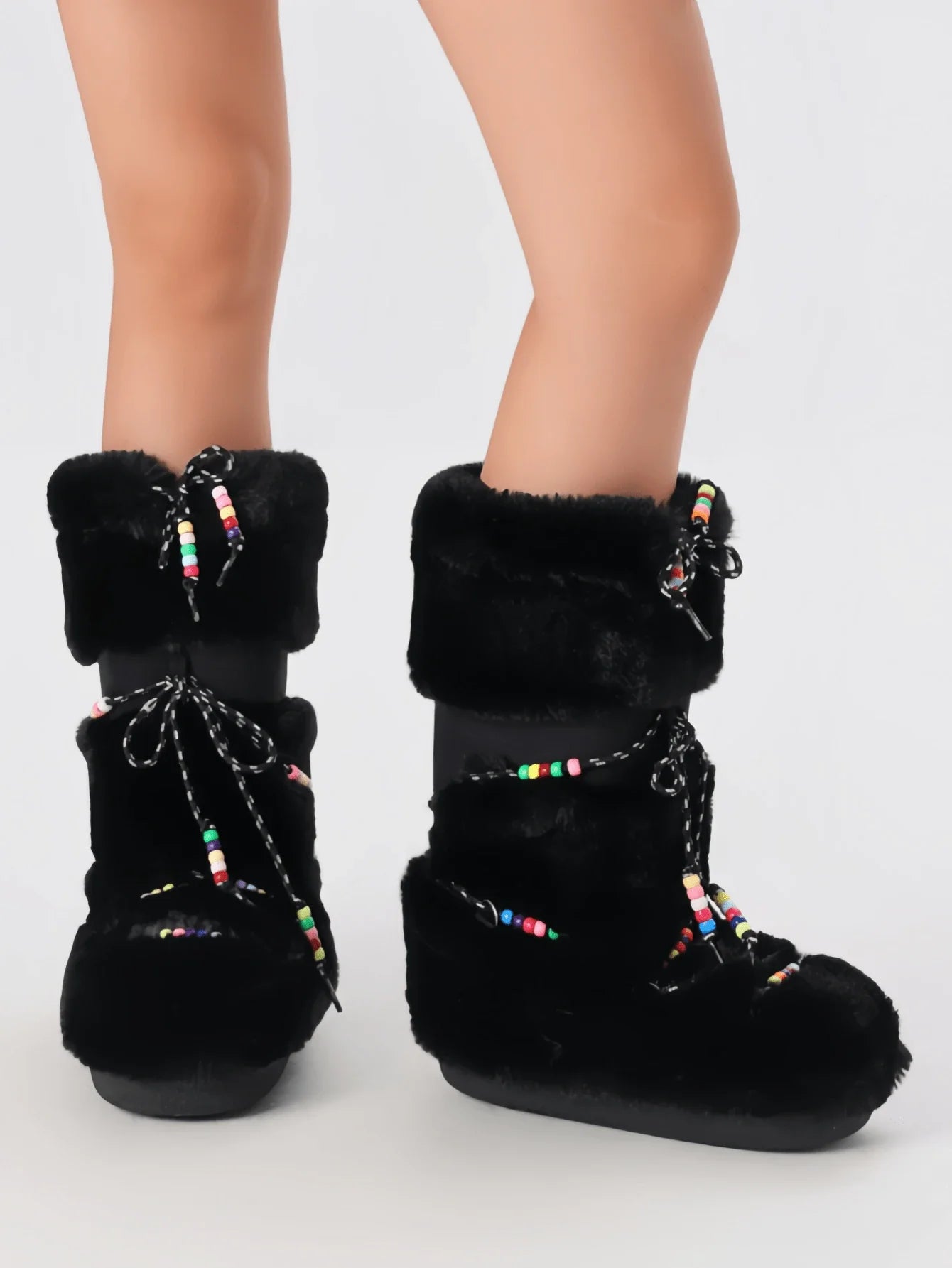 Women's Faux Fur Knee High Boots Fuzzy Fluffy Furry Snow Boots Round Toe With Lace-Up Design Cute Warm Suitable For Christmas Halloween And Winter