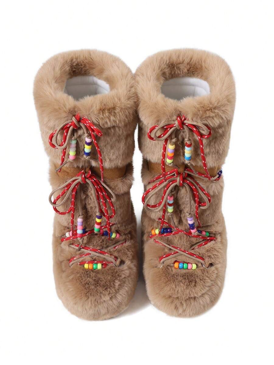 Women's Faux Fur Knee High Boots Fuzzy Fluffy Furry Snow Boots Round Toe With Lace-Up Design Cute Warm Suitable For Christmas Halloween And Winter