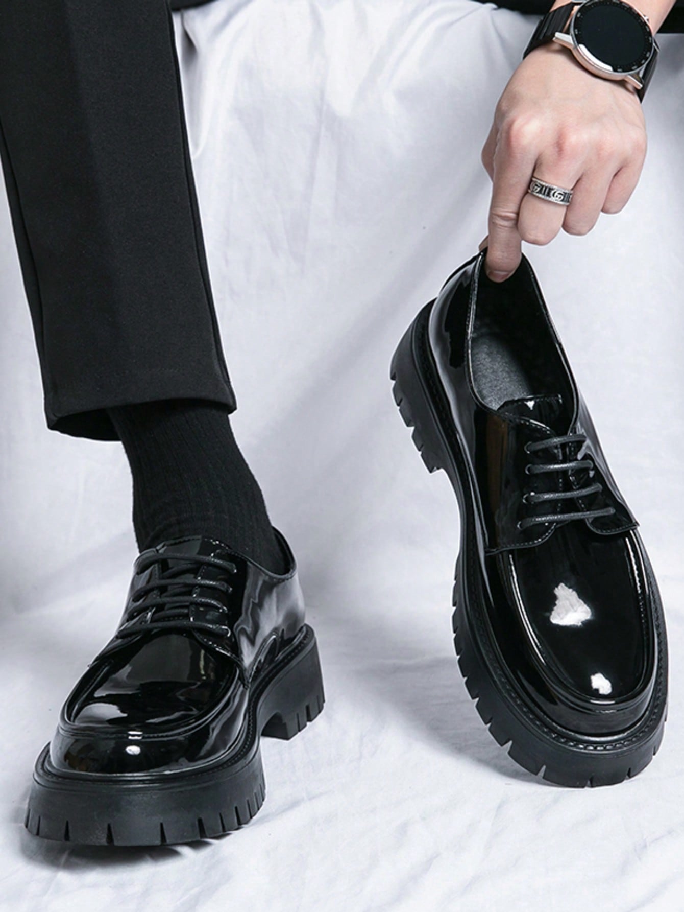 Men's Leather Lace Up Platform Oxfords Round Toe Chunky Heel Lug Sole Heightening Soft Bottom Derby Casual Shoes Classic Work Office Business Dress Shoes