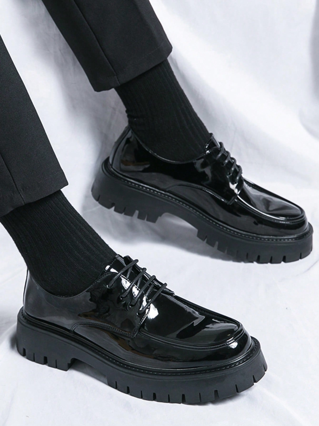 Men's Leather Lace Up Platform Oxfords Round Toe Chunky Heel Lug Sole Heightening Soft Bottom Derby Casual Shoes Classic Work Office Business Dress Shoes