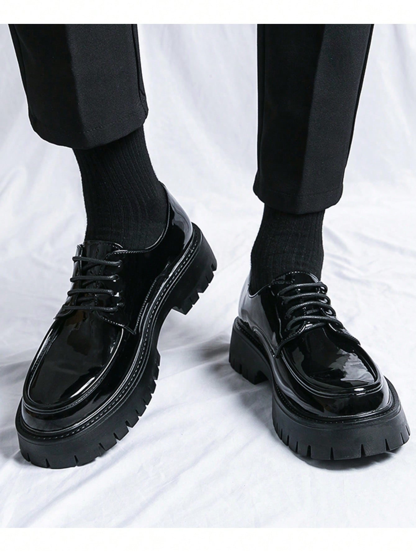 Men's Leather Lace Up Platform Oxfords Round Toe Chunky Heel Lug Sole Heightening Soft Bottom Derby Casual Shoes Classic Work Office Business Dress Shoes