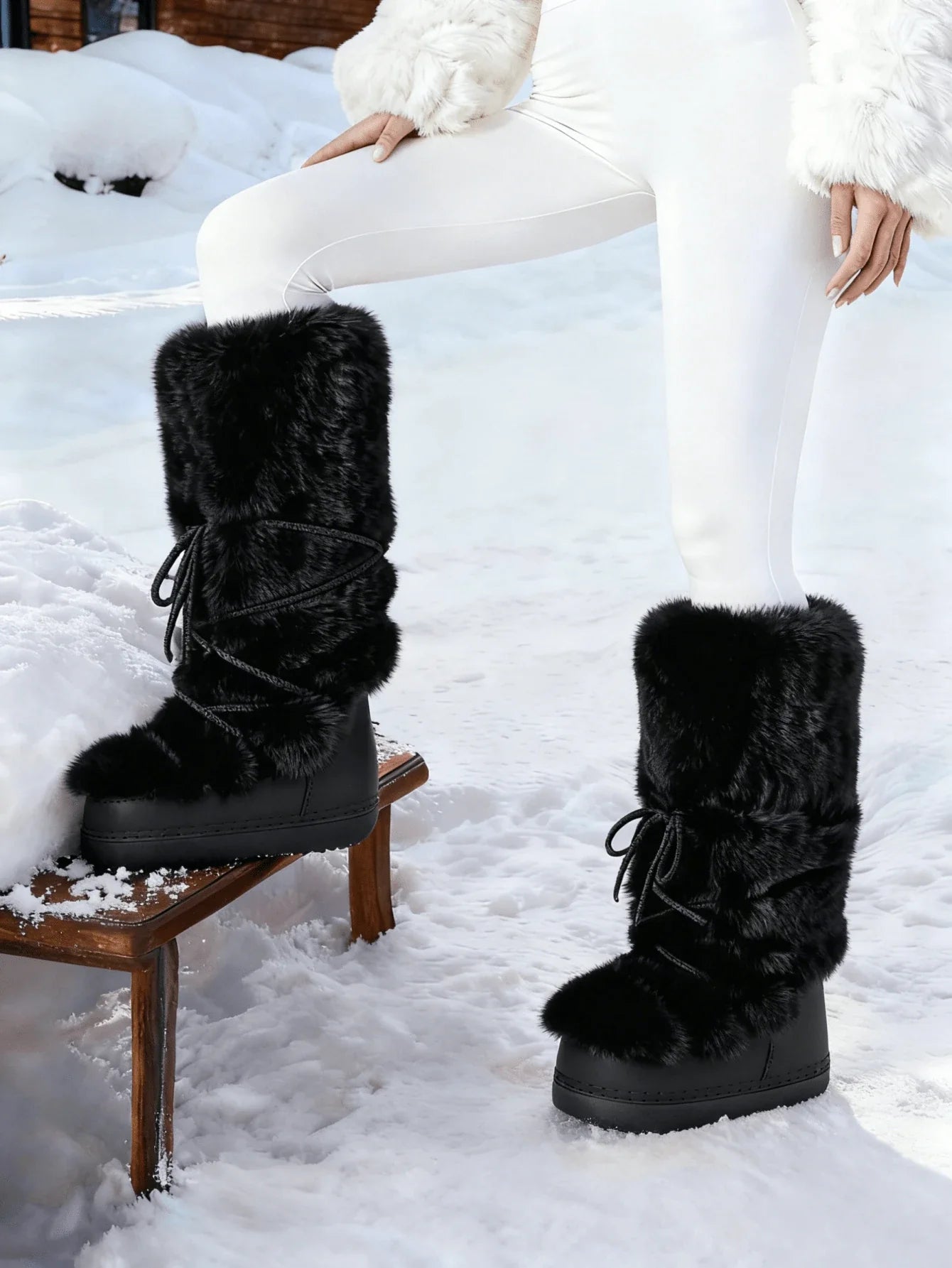 Women's Faux Fur Knee High Boots Fuzzy Fluffy Furry Snow Boots Round Toe With Lace-Up Design Cute Warm Suitable For Christmas Halloween And Winter