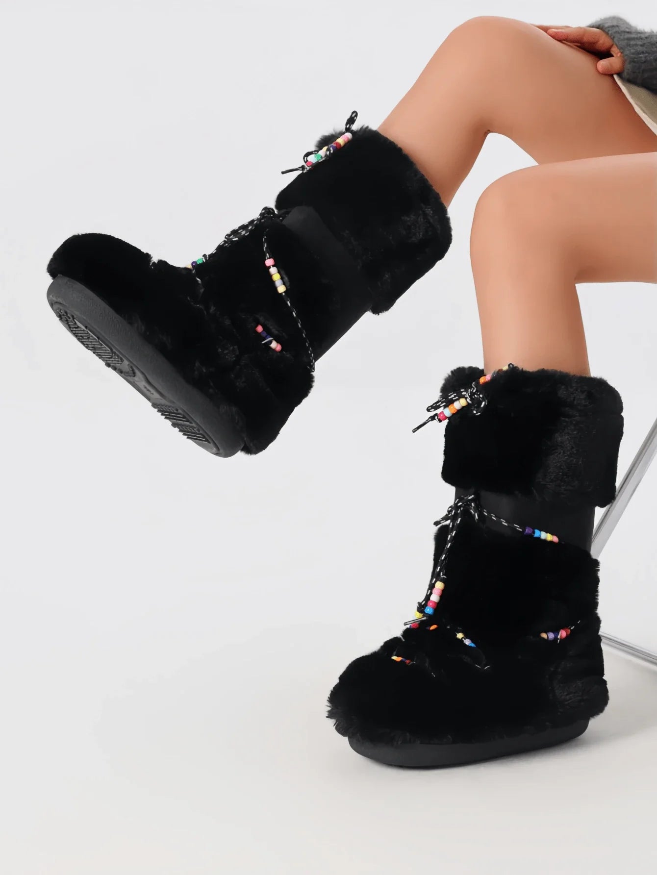 Women's Faux Fur Knee High Boots Fuzzy Fluffy Furry Snow Boots Round Toe With Lace-Up Design Cute Warm Suitable For Christmas Halloween And Winter