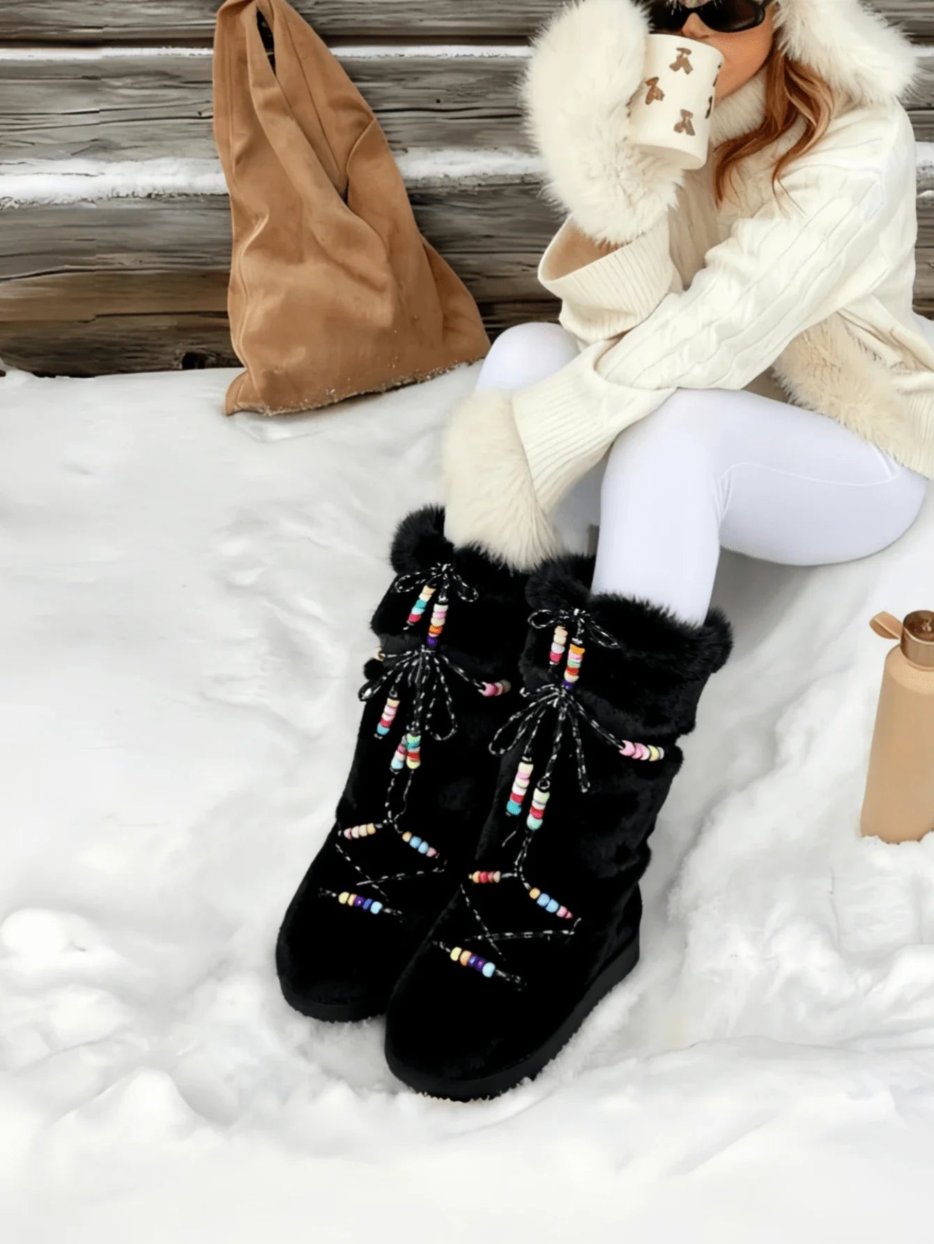 Women's Faux Fur Knee High Boots Fuzzy Fluffy Furry Snow Boots Round Toe With Lace-Up Design Cute Warm Suitable For Christmas Halloween And Winter