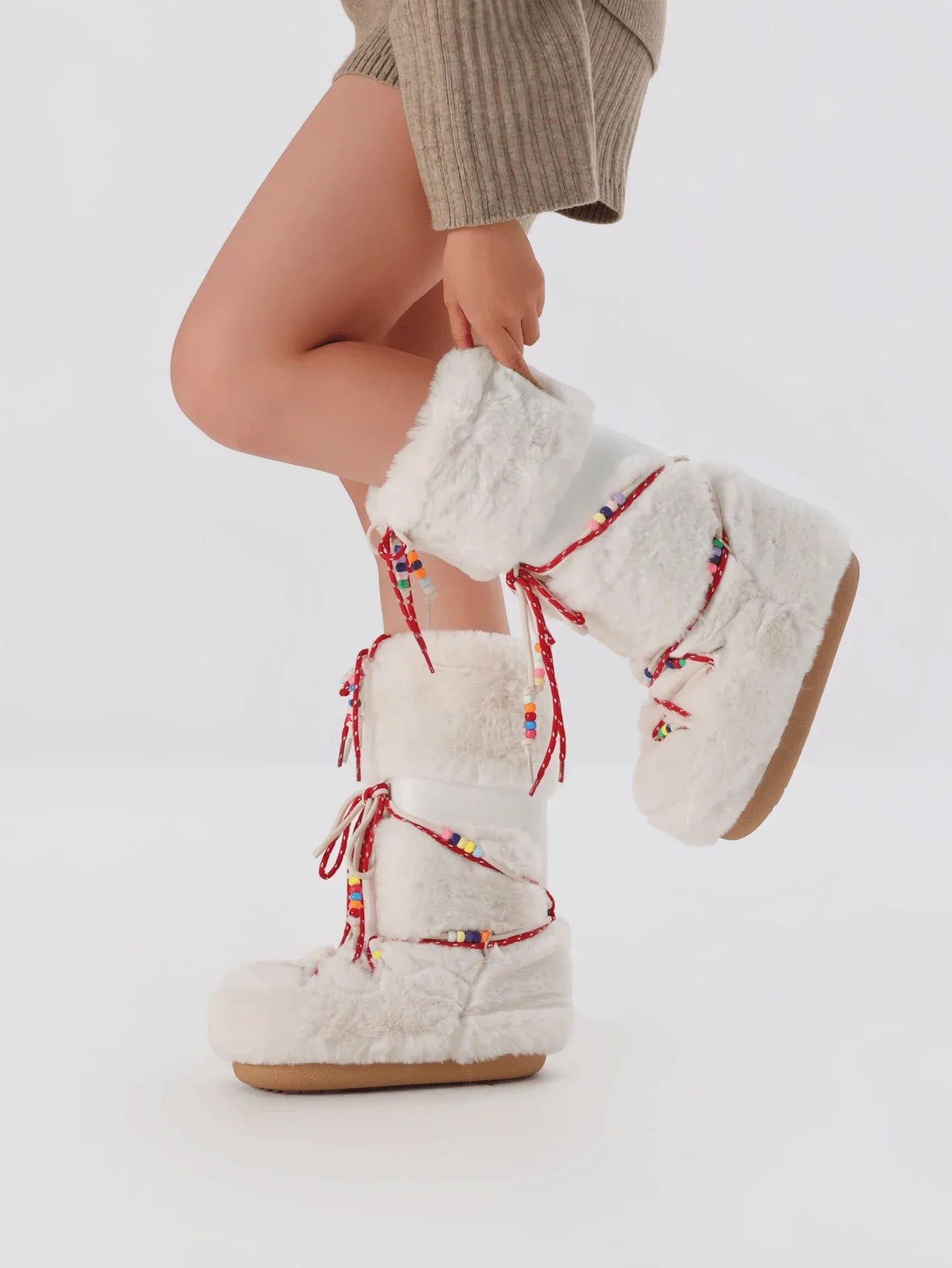 Women's Faux Fur Knee High Boots Fuzzy Fluffy Furry Snow Boots Round Toe With Lace-Up Design Cute Warm Suitable For Christmas Halloween And Winter
