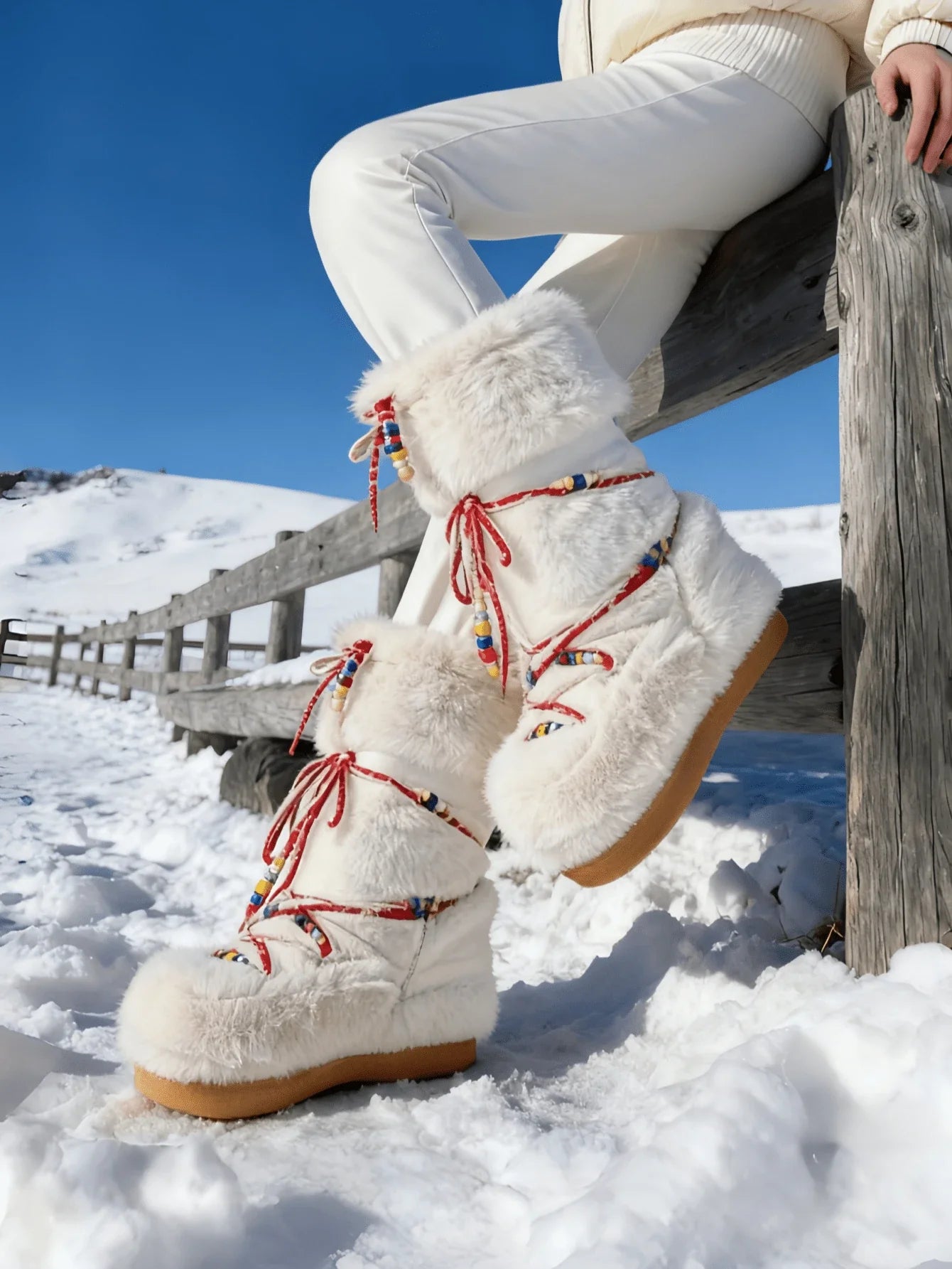 Women's Faux Fur Knee High Boots Fuzzy Fluffy Furry Snow Boots Round Toe With Lace-Up Design Cute Warm Suitable For Christmas Halloween And Winter