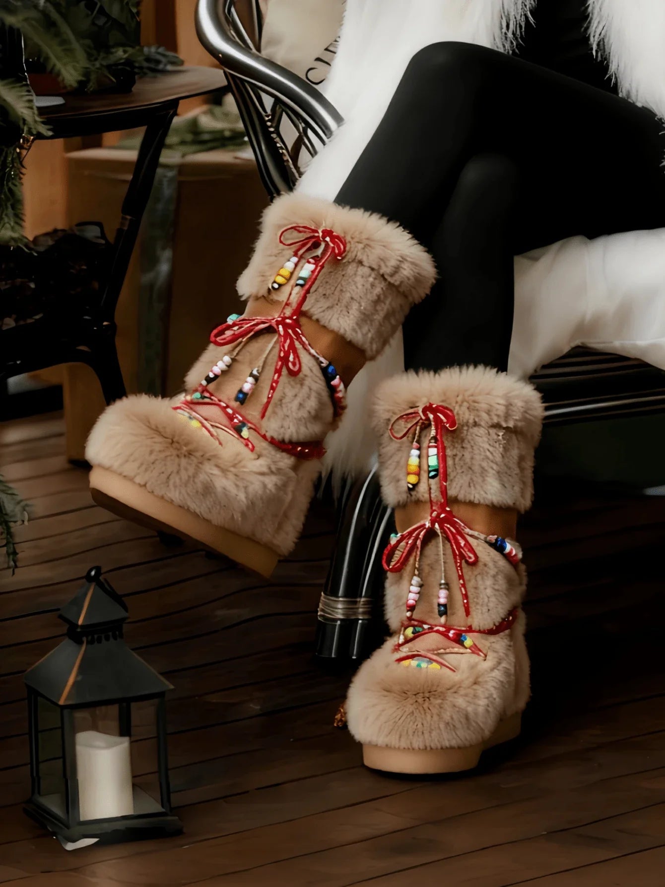 Women's Faux Fur Knee High Boots Fuzzy Fluffy Furry Snow Boots Round Toe With Lace-Up Design Cute Warm Suitable For Christmas Halloween And Winter
