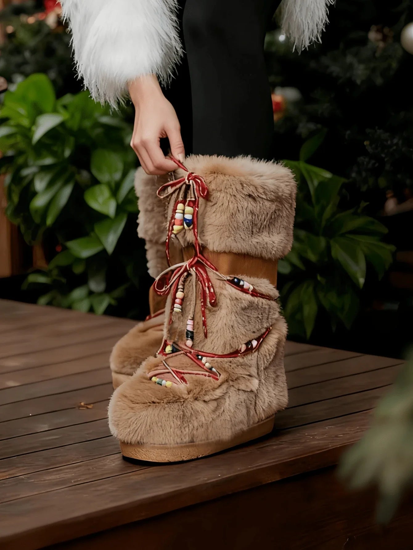 Women's Faux Fur Knee High Boots Fuzzy Fluffy Furry Snow Boots Round Toe With Lace-Up Design Cute Warm Suitable For Christmas Halloween And Winter