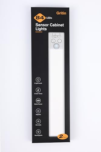 Gritin 10.2inch Under Cabinet Lighting Rechargeable -84 LED Super Bright,3-Color& 5 Level Brightness,4 Modes,Motion Sensor, Long Lasting- Easy Installation Magnetic Under Cabinet Closet Lights -2 Pack