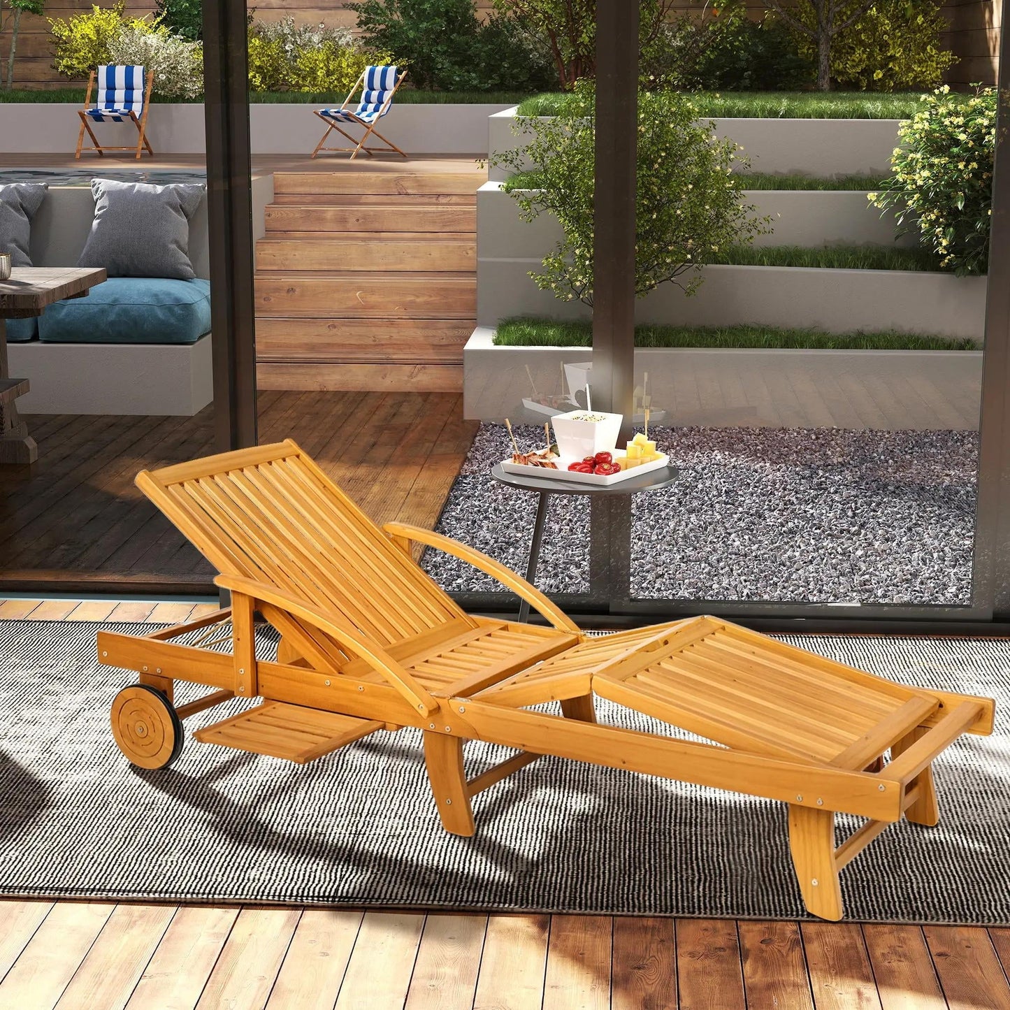 Resenkos Premium 4Level Adjustable Tanning Chair With Wheels, Acacia Wood Patio Lounger, Teak