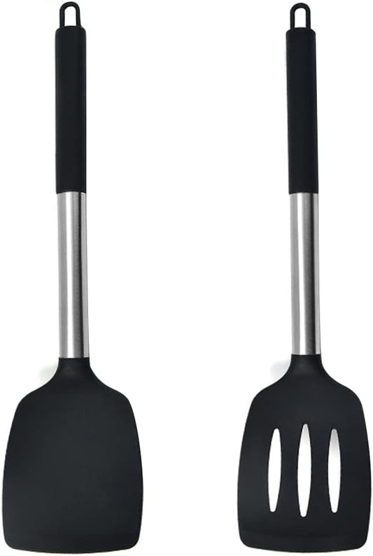 2Pack Small Silicone Turner High Heat Resistant Slotted Spatula for Fish, Eggs, Pancakes and More (Set of 2, Black2)