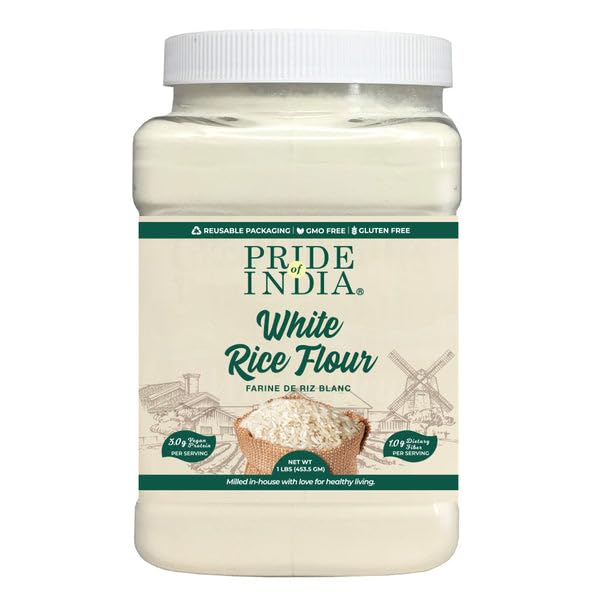 Pride of India - PACK of 6 - White Rice Flour 1 lbs (454 gm) Mild Slightly Sweet Neutral Taste Freshly Milled in Small Batches | Used for Cooking Baking Coating Thickening Pancakes Noodles Pudding