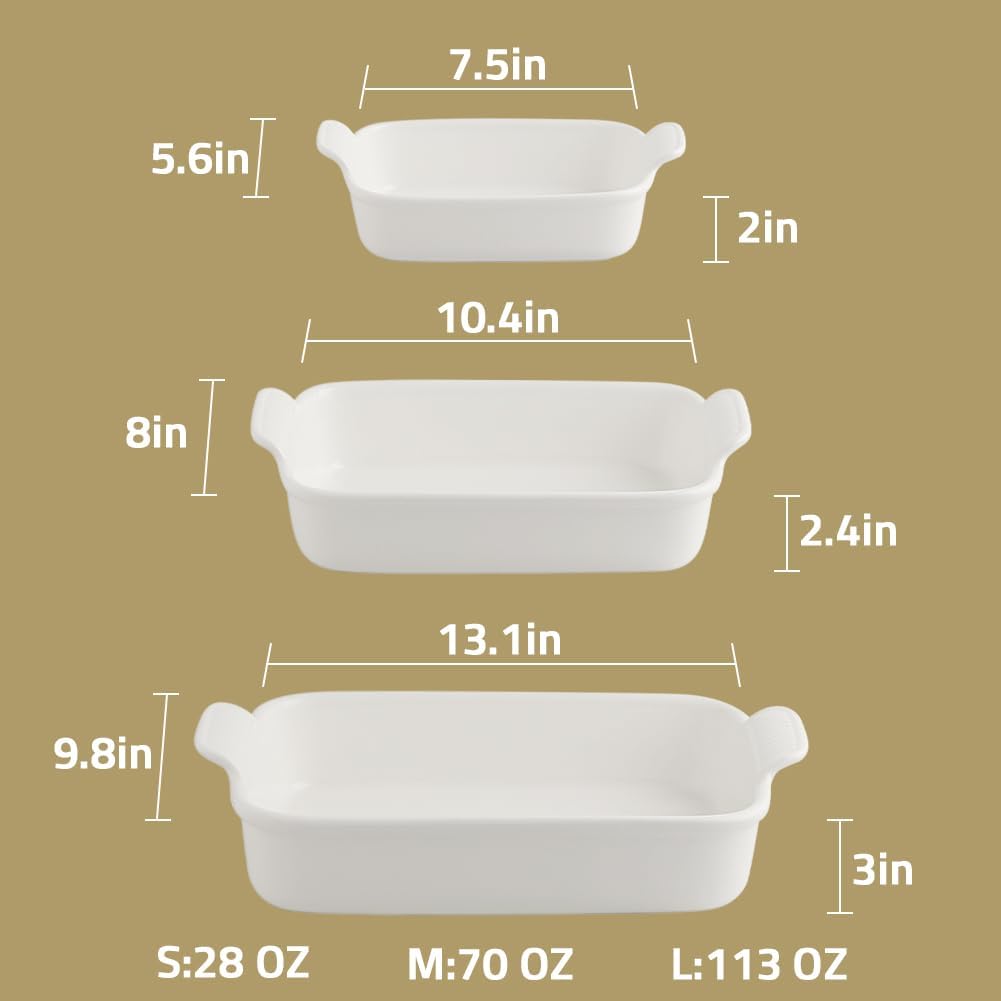 Sweejar Baking Pans Set, Ceramic 9x13 Baking Dish with Handle, Rectangular Casserole Dishes for Oven, Bakeware Sets of 3, Durable Lasagna Pan Deep for Kitchen, Banquet, Wedding Gift(White)