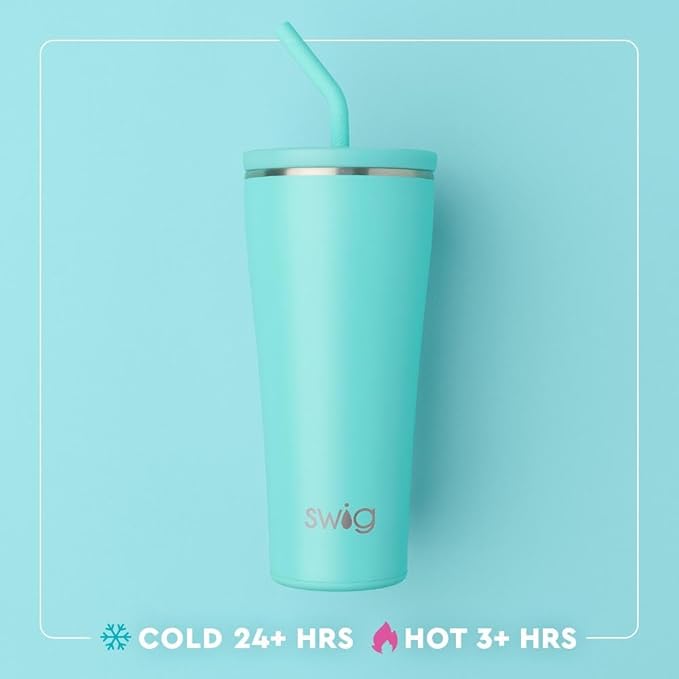 Swig Life 32oz Straw Tumbler, Travel Coffee Tumbler with Lid, Cup Holder Friendly Travel Coffee Mug, Stainless Steel, 32 oz Reusable Insulated Coffee Mug (Saturdays In Austin)