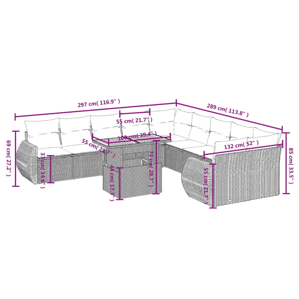 vidaXL Garden Sofa Set Black PE rattan Large Adjustable Armrests
