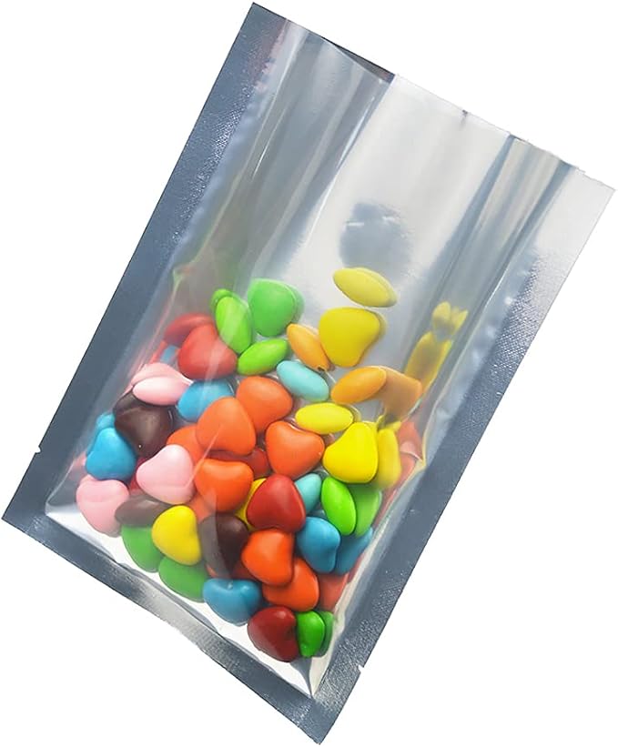 Silver Aluminum Foil Pouch Heat Seal Front Window Plastic Mini Open Top Flat Vacuum Packaging Mylar Bag Food Small Sample Mylar Storage with Tear Notch (200, 11x16cm (4.3x6.3 inch))