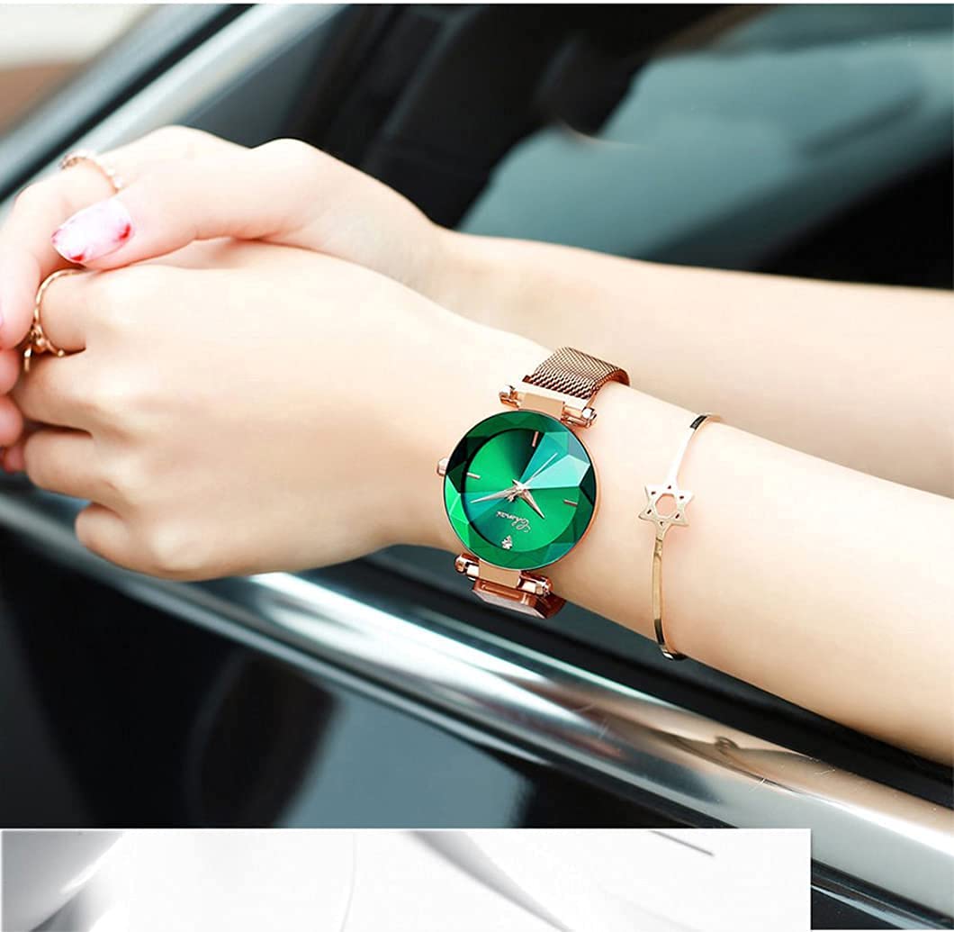 SENRUD Women's Watches Fashion Shine Crystal Cutting Mirror Wrist Watch Rose Gold Stainless Steel Mesh Band Waterproof Analog Quartz Watches (A Green)