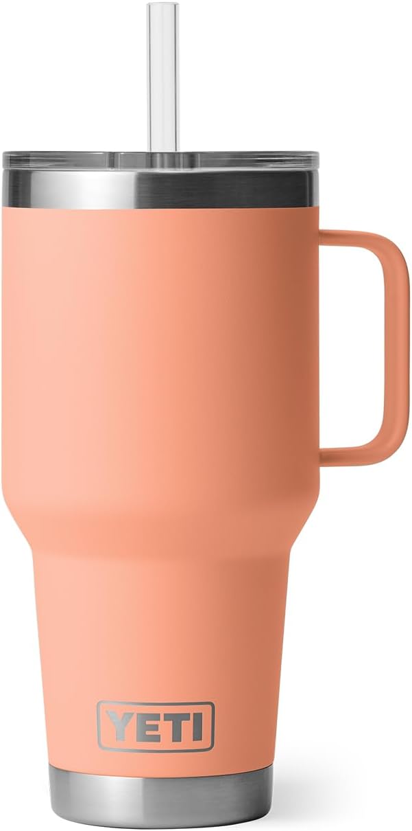 YETI Rambler 35 oz Tumbler with Handle and Straw Lid, Travel Mug Water Tumbler, Vacuum Insulated Cup with Handle, Stainless Steel, Lowcountry Peach