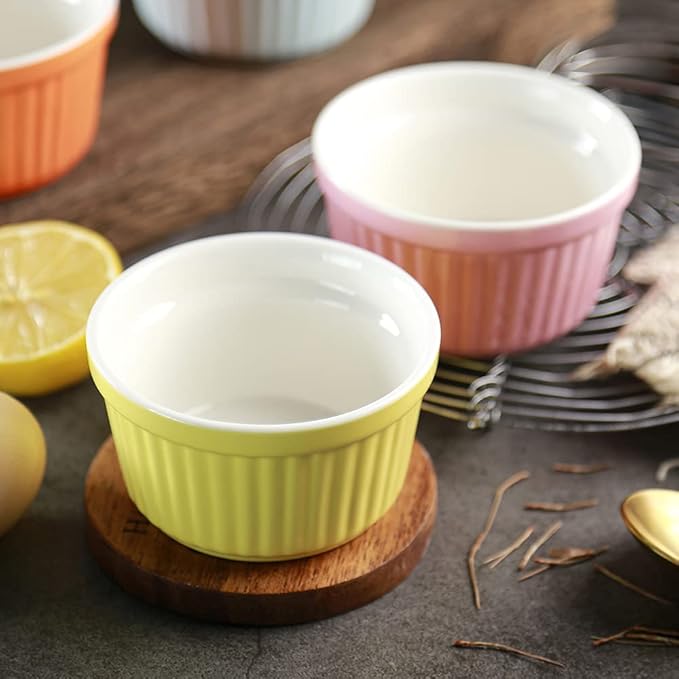 Ramekins 6oz Oven Safe,Creme Brulee Ramekin and Souffle Dishes,Porcelain Baking Bowls,Dipping Sauce Dish.Pudding Cups,Set of 6, White