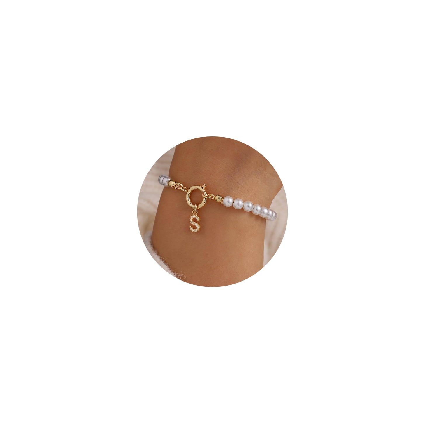 MONOZO Initial Pearl Bracelets for Girls Women - Dainty Gold Initial Bracelet for Teen Girls, Bridesmaid Jewelry, Wedding and Christmas Gifts