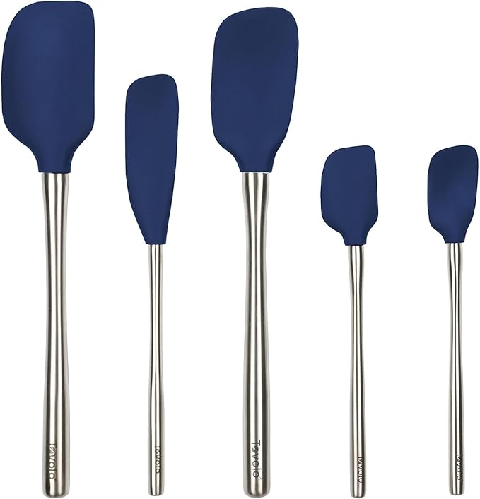 Tovolo Stainless Steel Handled Silicone Spatula Set of 5 Oyster Gray, Dishwasher Safe Kitchen Spatula Set for Cooking Baking, Non Toxic BPA Free Silicone Spatula set with Metal Steel Handle