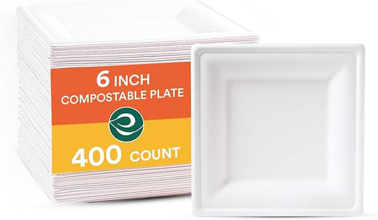 ECO SOUL Compostable Paper Plates 6 Inch (400 Count) Heavy Duty Disposable Dessert Plates, Eco-Friendly Sugarcane Bagasse Small Plates For Appetizer- White