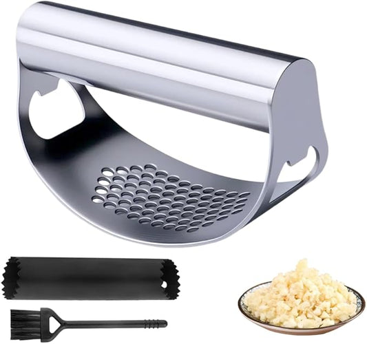 2025 New Stainless Steel Garlic Presser, Portable Manual Stainless Steel Garlic Press for Home Kitchen Utensils, Upgrade Rocker Crusher Masher with Garlic Peeling (1)